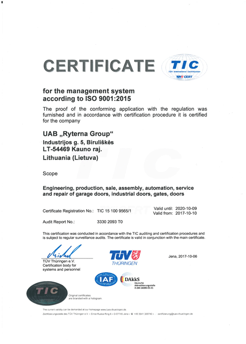 UAB RYTERNA Group TUV Certificate