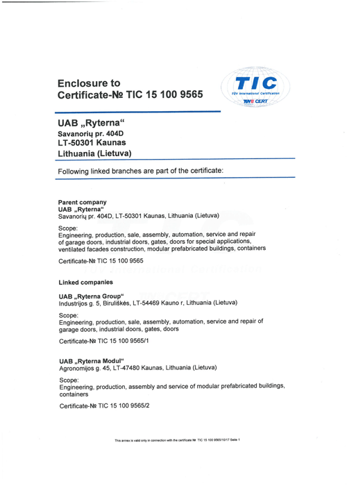 UAB RYTERNA Group Enclosure to TUV Certificate