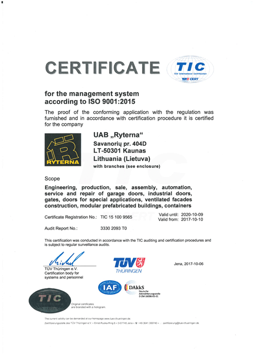 UAB RYTERNA TUV Certificate
